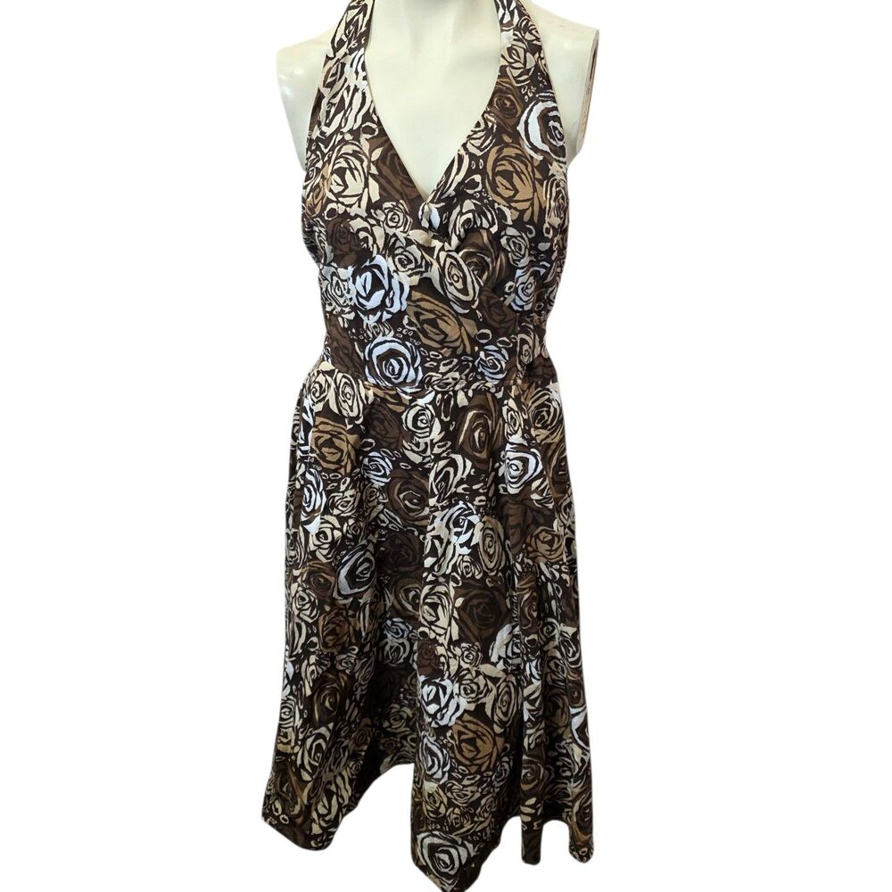 Tape Measure Brown Floral‎ Halter Dress Wrap Tie Back Fit Flare Sz 10